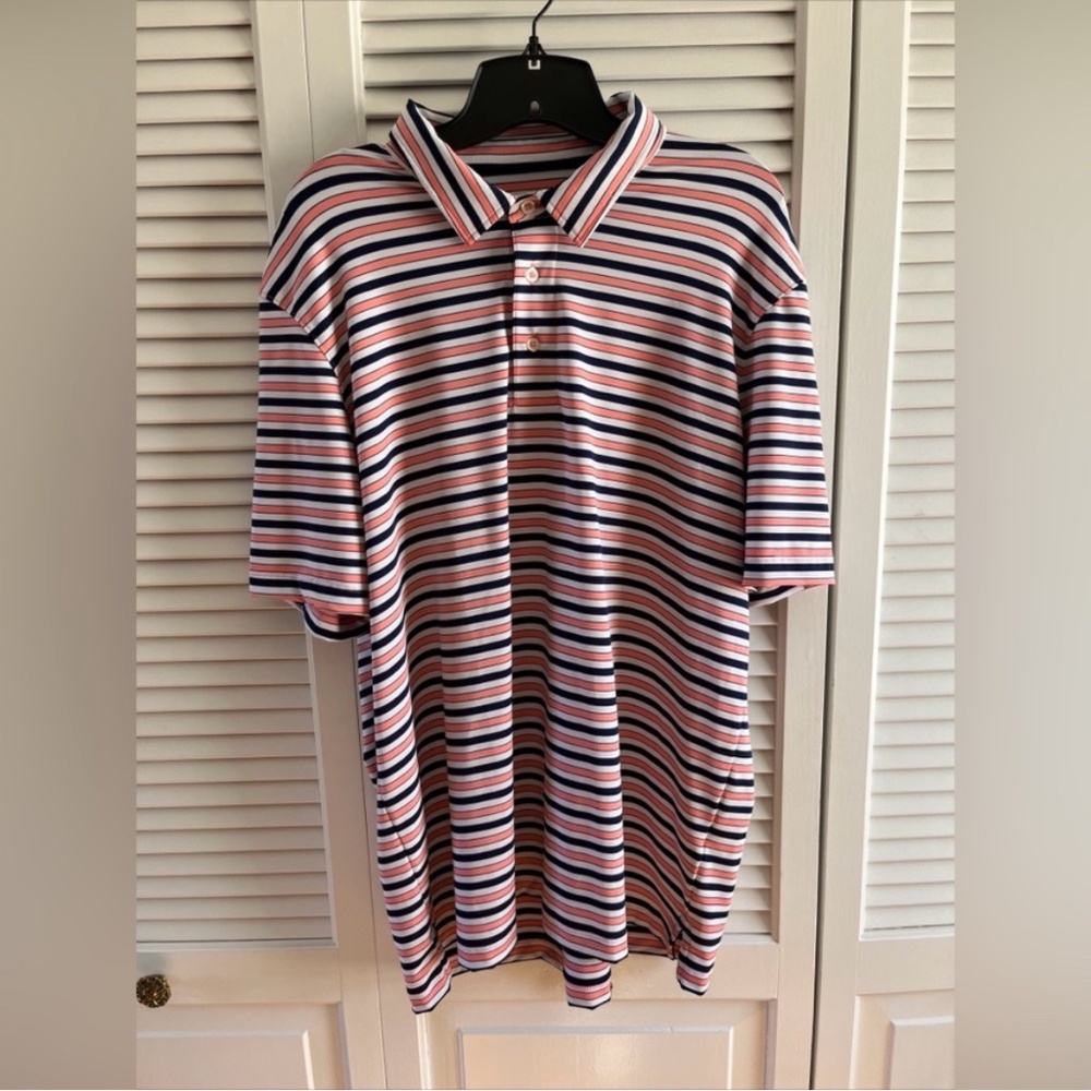 Lands End Mens Navy & Pink Striped Traditional Fit Polo Shirt Sz L